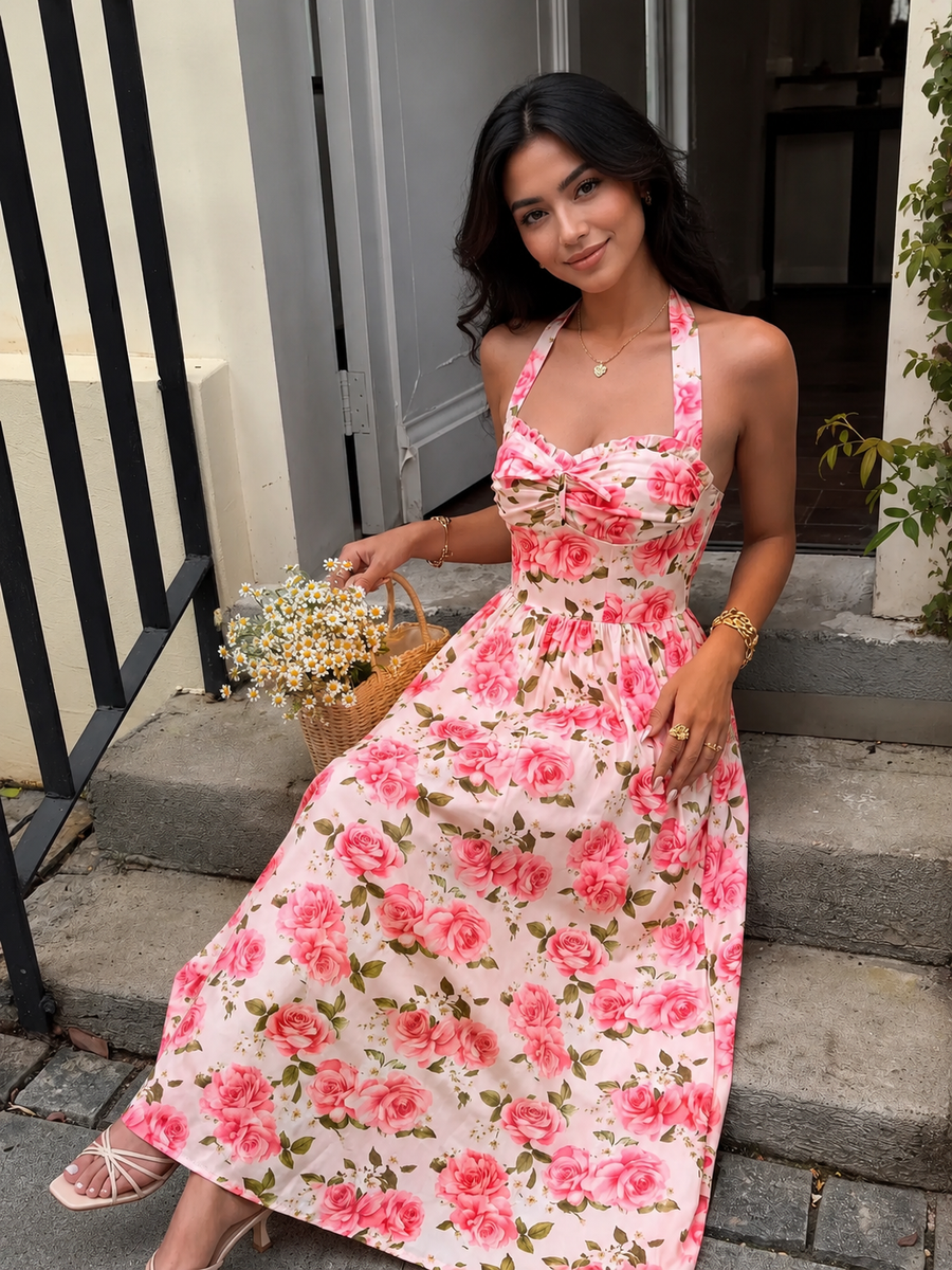 Floral Print Halter Neck Midi Dress