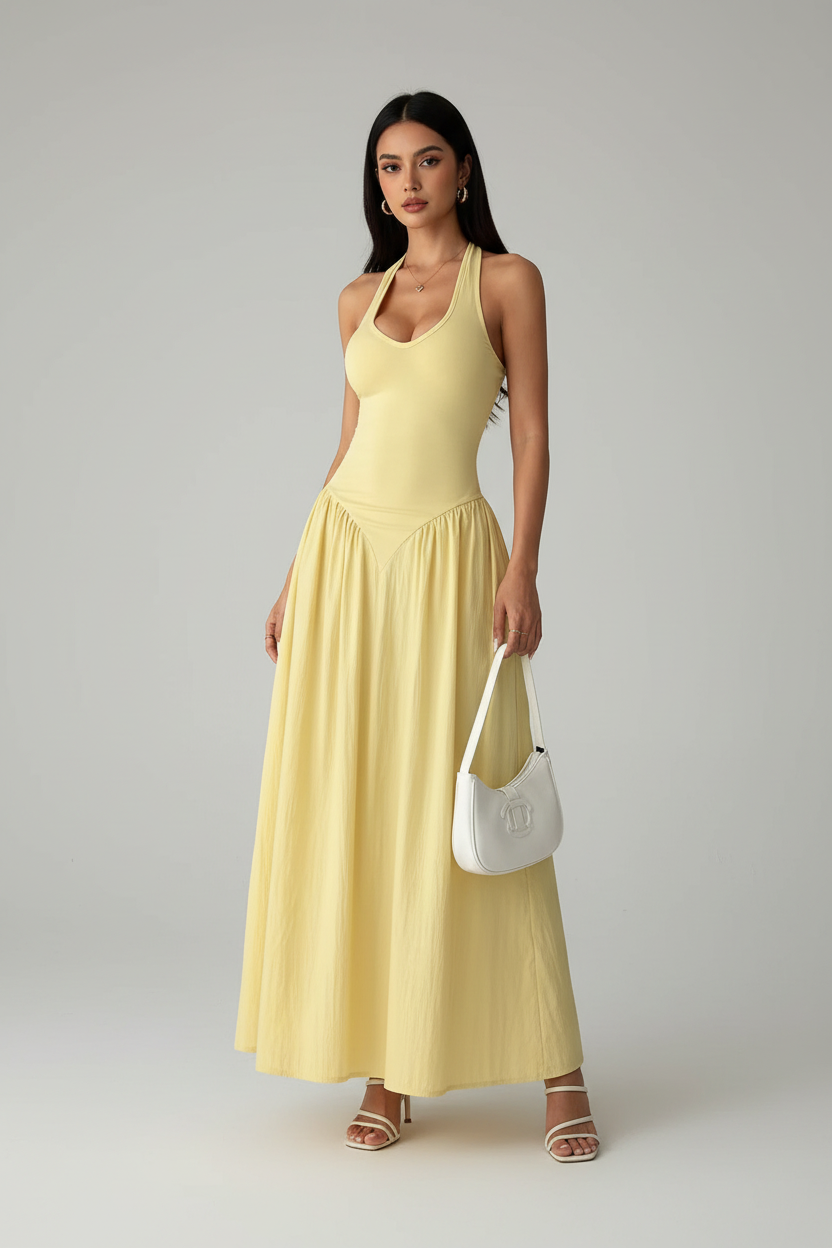 Halter Neck Ruched Maxi Dress