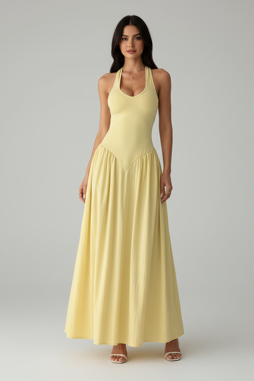 Halter Neck Ruched Maxi Dress