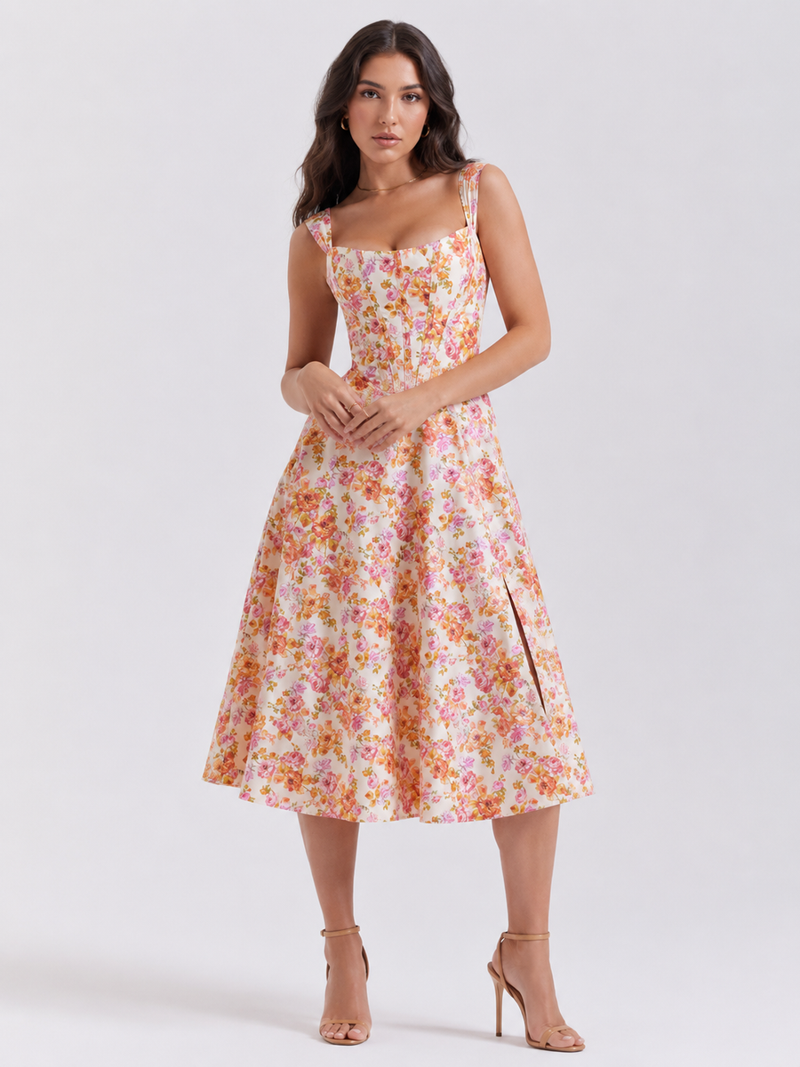 Floral Print Midi Dress with Slit