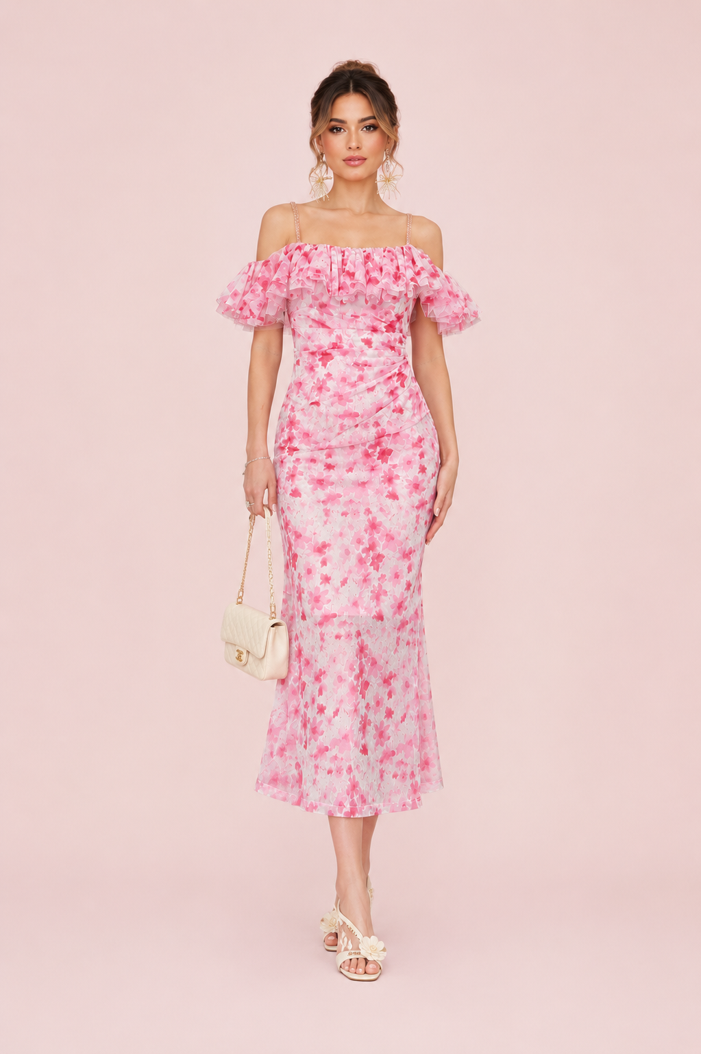 Floral Printed Elegant Ruffle Trim