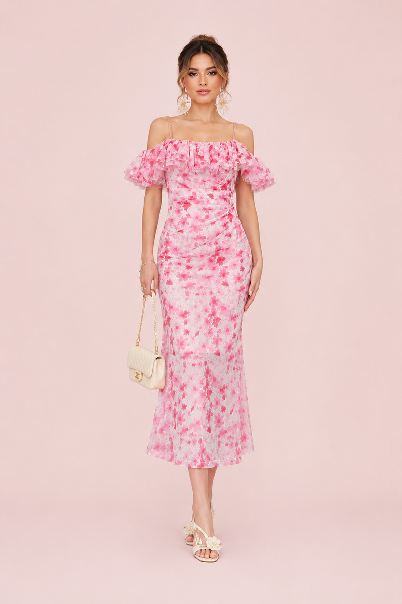Floral Printed Elegant Ruffle Trim