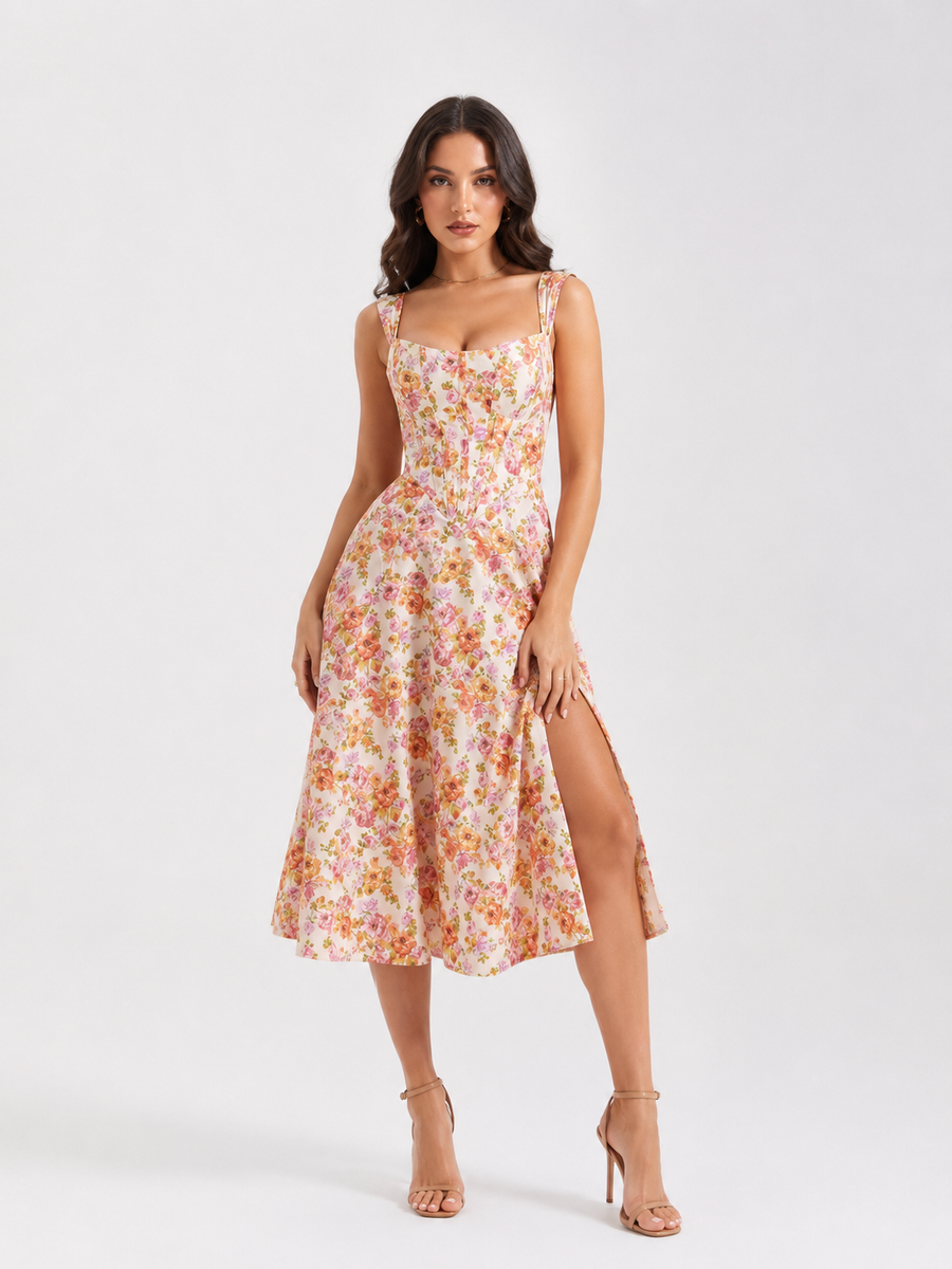 Floral Print Midi Dress with Slit