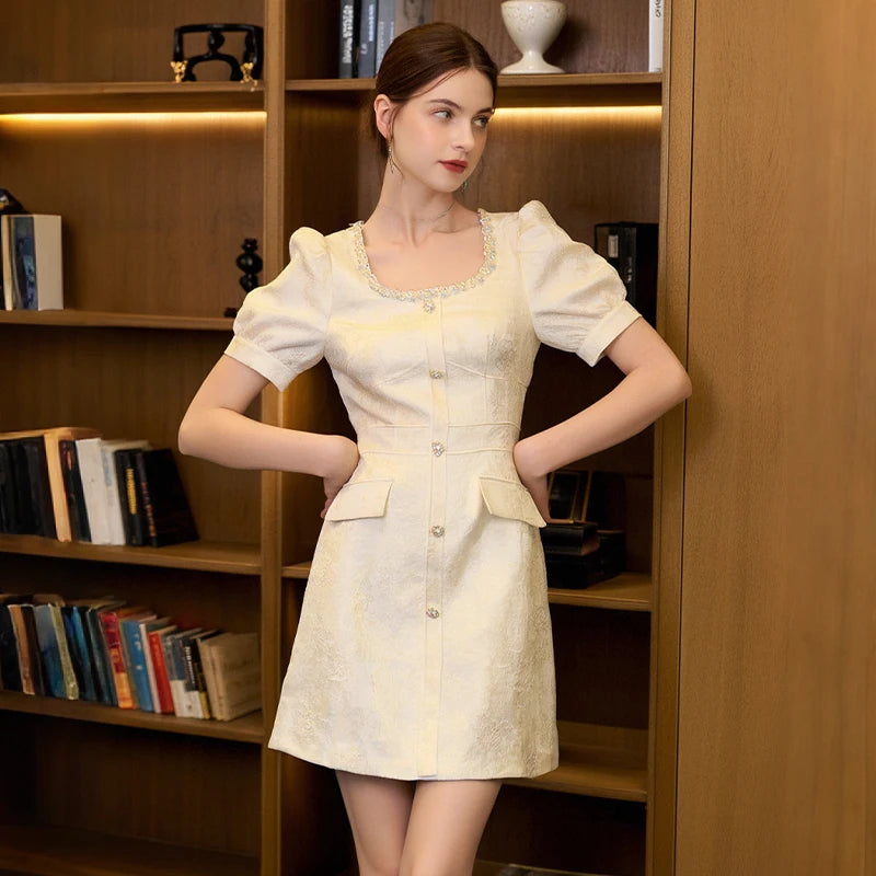 ZYHT 9881 2025 Women Luxury White Jacquard Satin Pearl  Elegant Sexy Evening Mini Cocktail Dress Birthday Party Dresses