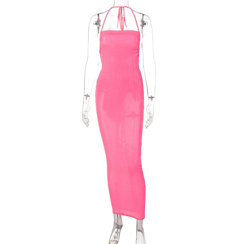 Summer Women Casual Club Dress Sexy White Ladies Evening Dresses Plain Halter Backless Long Plain Elegant Dress