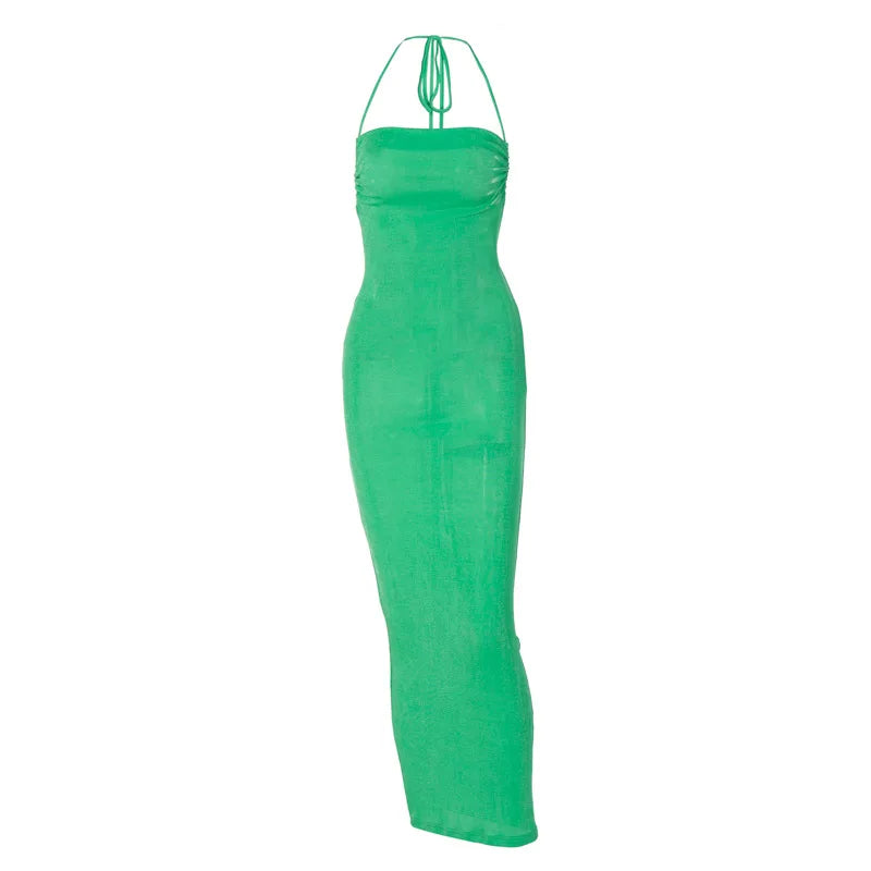 Summer Women Casual Club Dress Sexy White Ladies Evening Dresses Plain Halter Backless Long Plain Elegant Dress