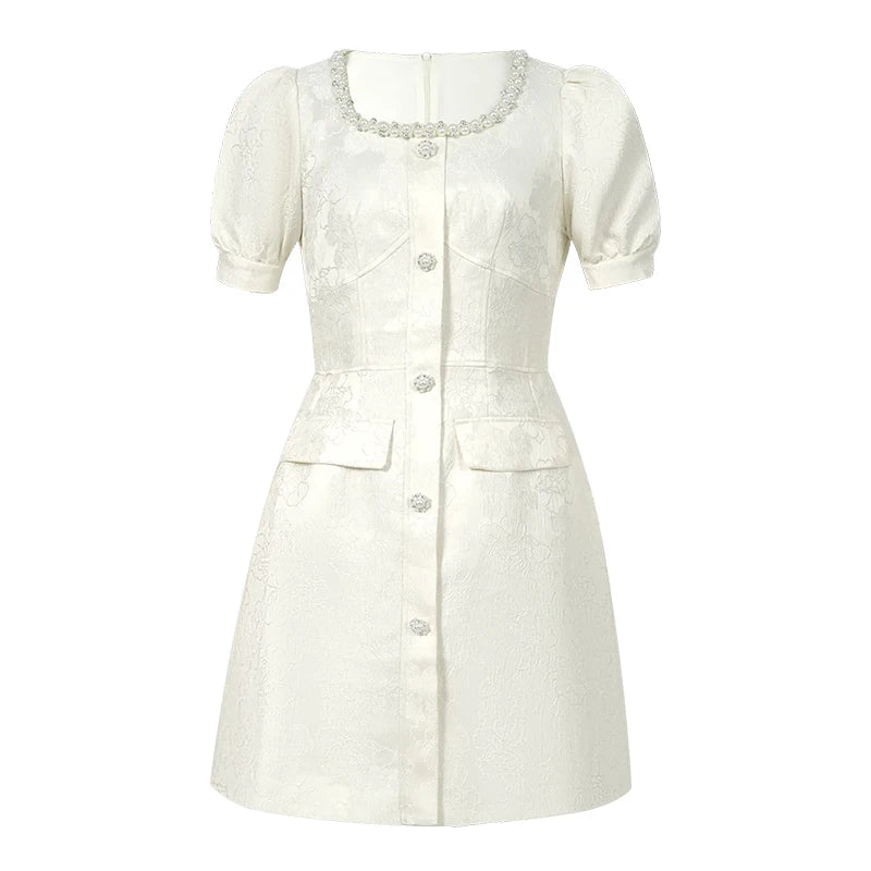 ZYHT 9881 2025 Women Luxury White Jacquard Satin Pearl  Elegant Sexy Evening Mini Cocktail Dress Birthday Party Dresses