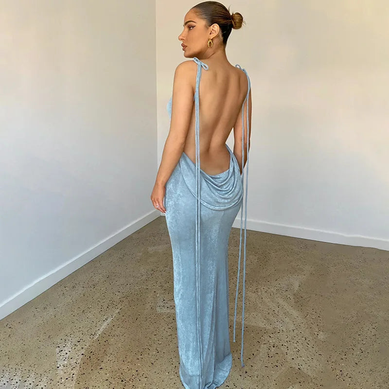 Summer Women Casual Club Dress Sexy White Ladies Evening Dresses Plain Halter Backless Long Plain Elegant Dress