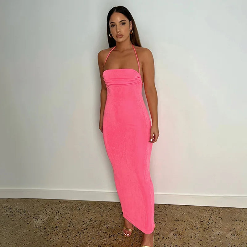 Summer Women Casual Club Dress Sexy White Ladies Evening Dresses Plain Halter Backless Long Plain Elegant Dress