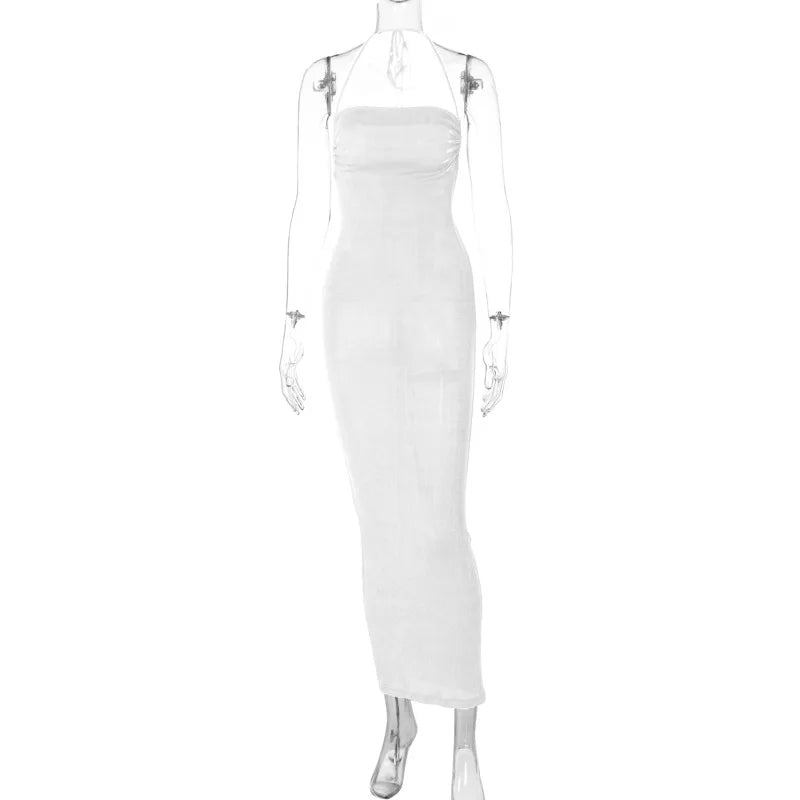 Summer Women Casual Club Dress Sexy White Ladies Evening Dresses Plain Halter Backless Long Plain Elegant Dress
