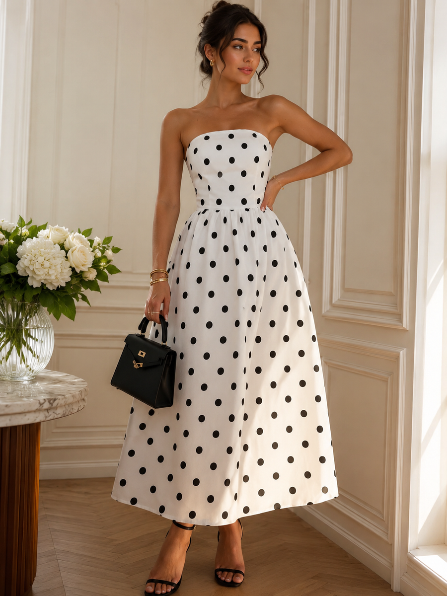 Polka Dot Strapless Midi Dress