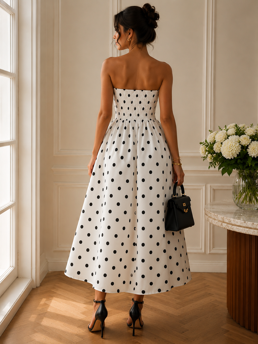 Polka Dot Strapless Midi Dress