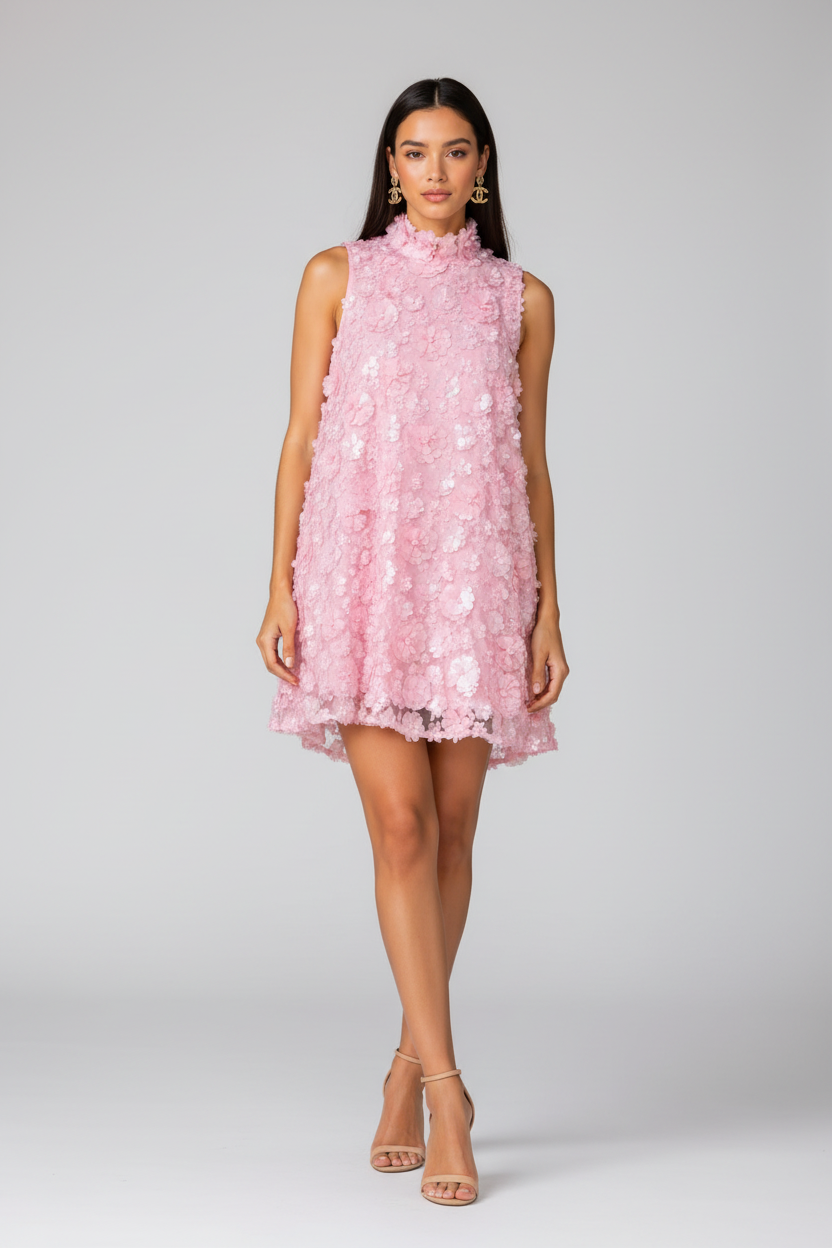 Floral Applique High Neck Sleeveless Mini Dress