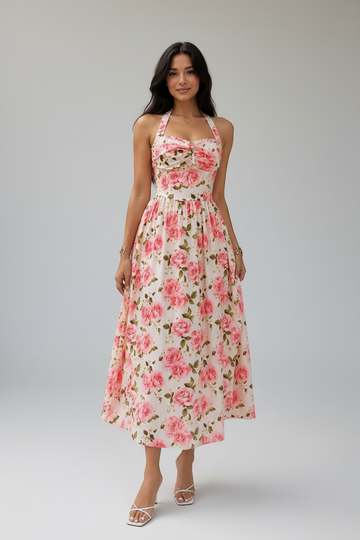 Floral Print Halter Neck Midi Dress