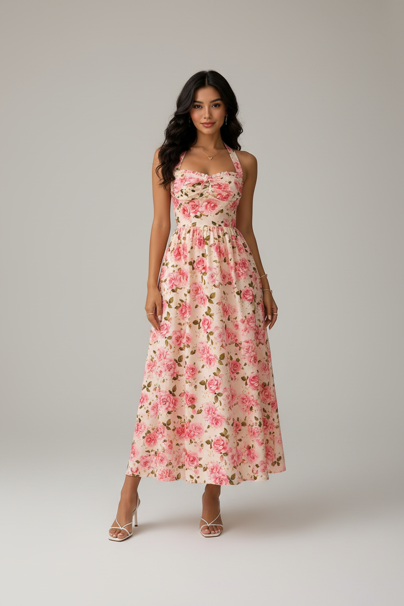 Floral Print Halter Neck Midi Dress