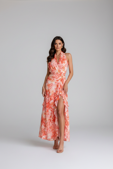 Floral Print Ruffle Halter Neck Maxi Dress