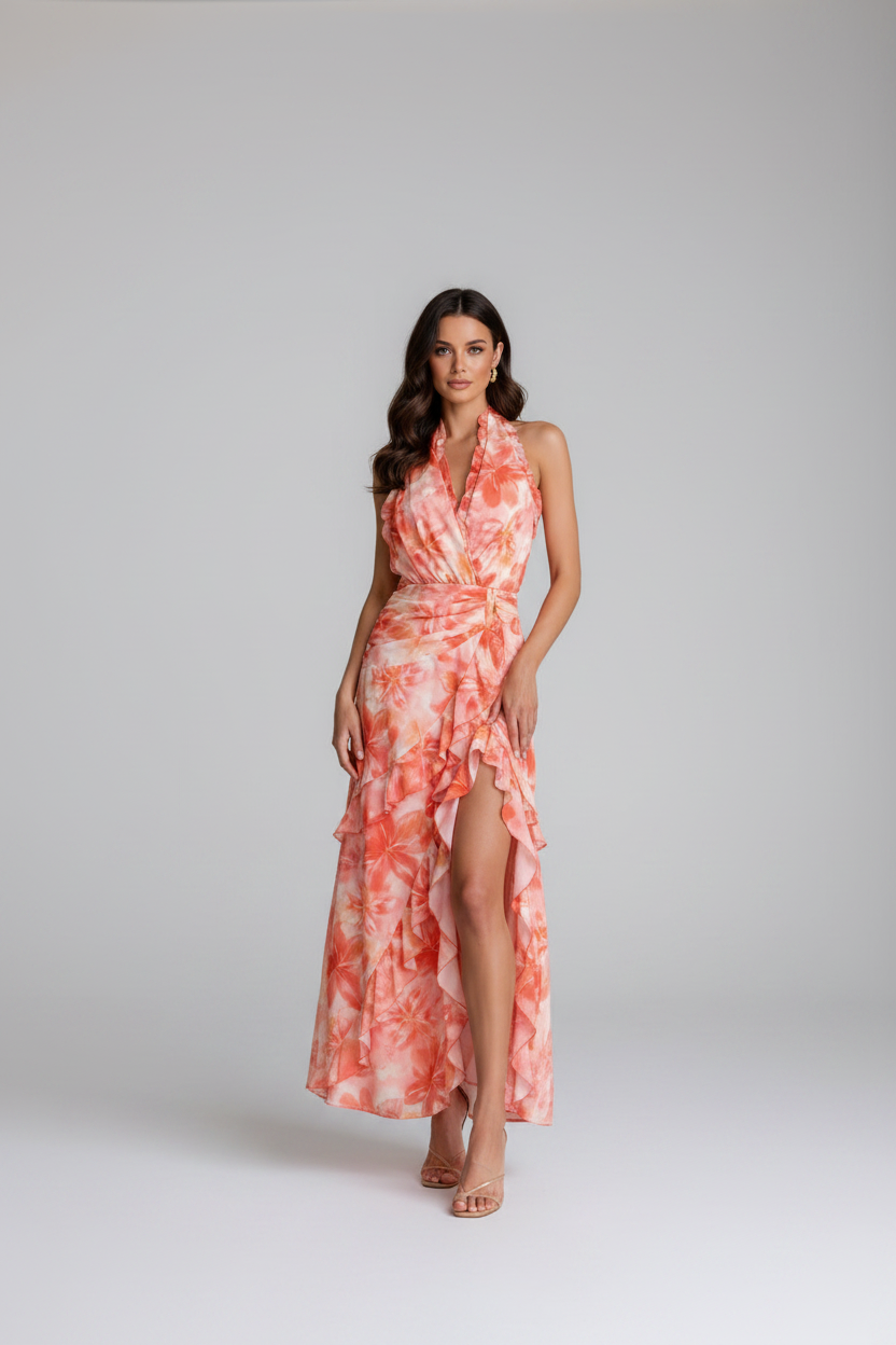 Floral Print Ruffle Halter Neck Maxi Dress